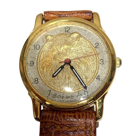 Limited Edition 1993 Save Animals Gold-Plated Cat Watch Brown Leather Strap - Picture 3 of 9
